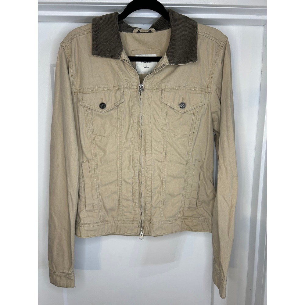 Hollister Mens Tan Canvas Trucker Jacket Corduroy Collar Khaki Full Zip Large